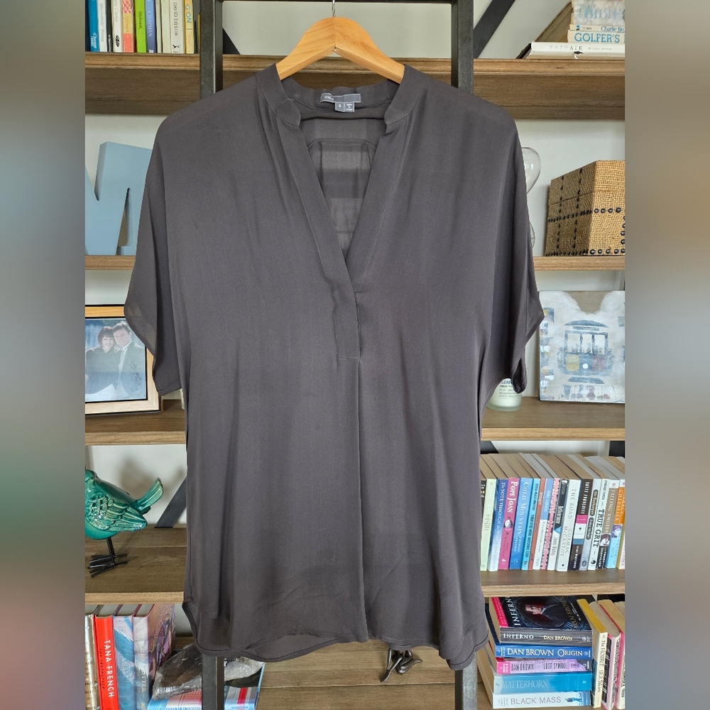 Vince Charcoal Brown V-Neck Silk Blouse, Size Small